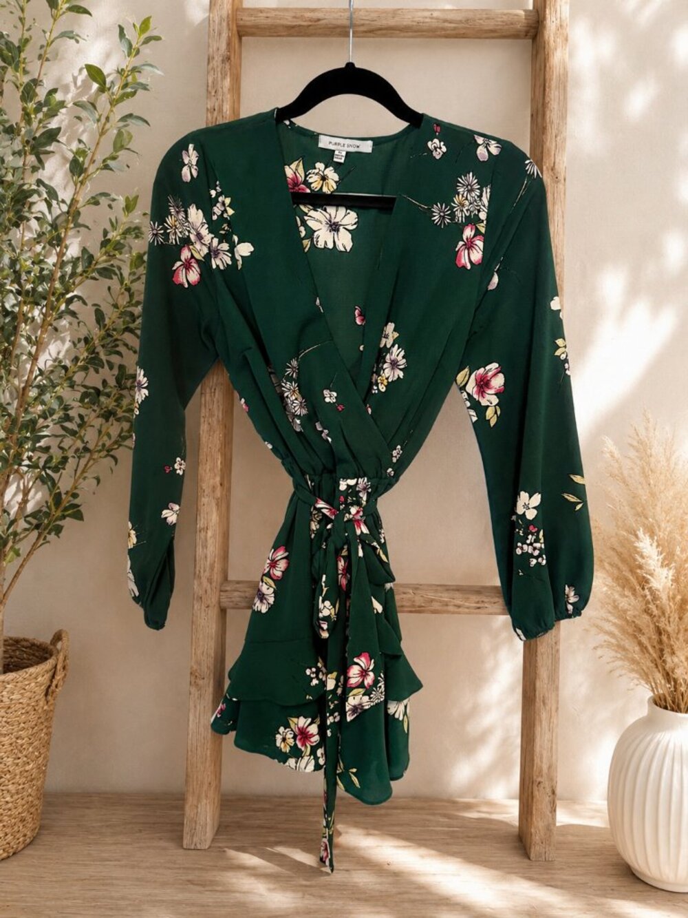 Purple Snow Forest Green Floral Faux Wrap Dress M - Picture 3 of 4